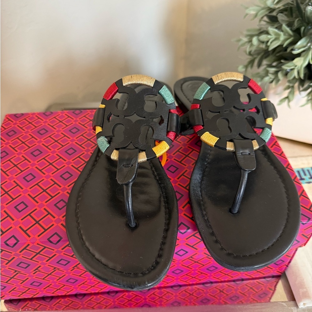 Tory Burch Embroidered Miller Sandals - Black Multi - Size 9.5